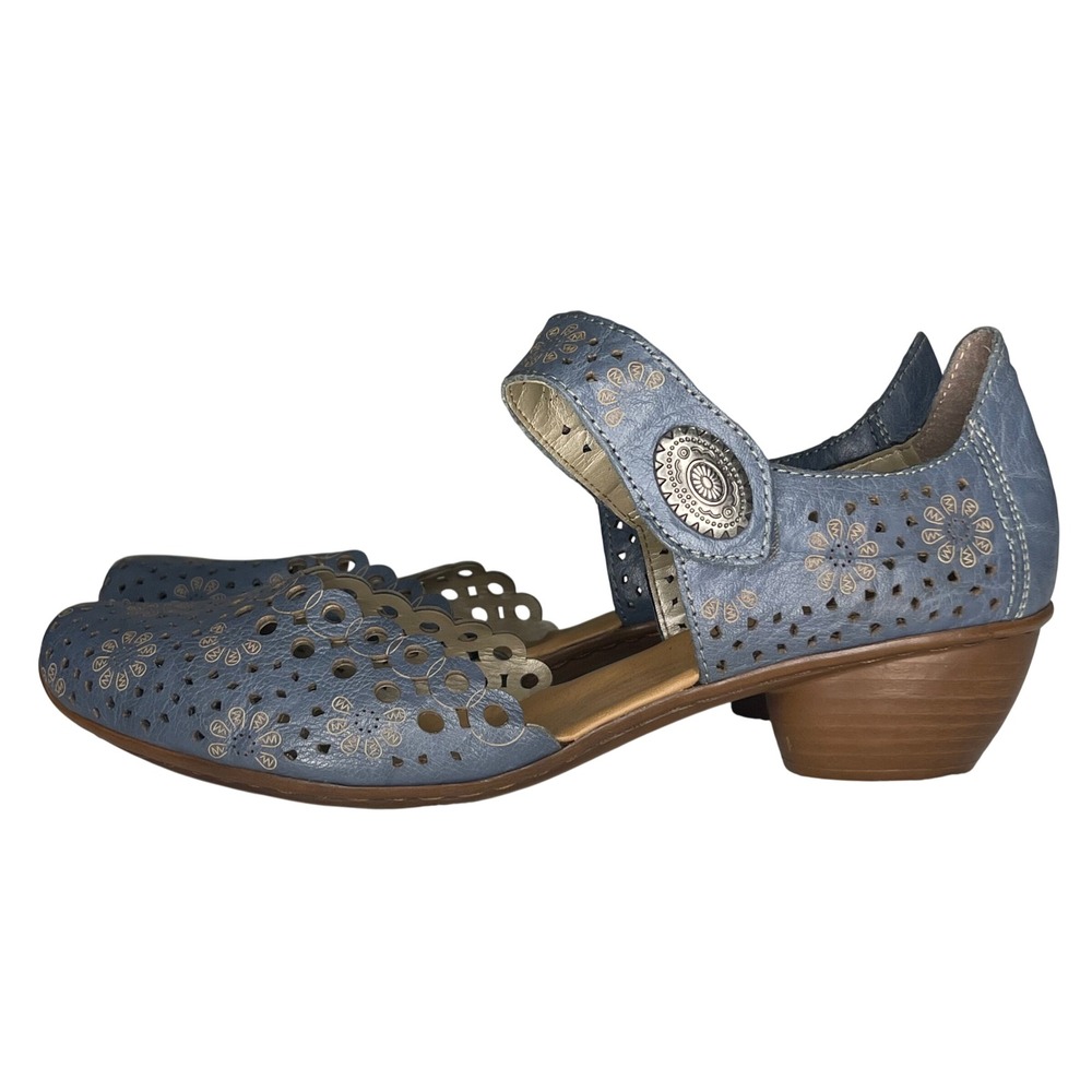 Rieker Antistress Mirjam Blue Leather Laser Cut Floral Mary Jane Pumps 40 US 9